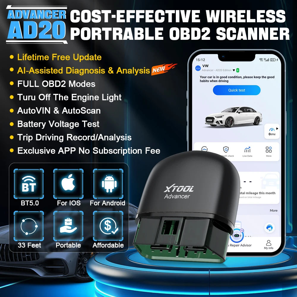 Advancer AD20 OBD2 Scanner 2026 Ai-Assisted Tool Code Reader OBD 2 Diagnostic Tools Lifetime Free Updates Free Application
