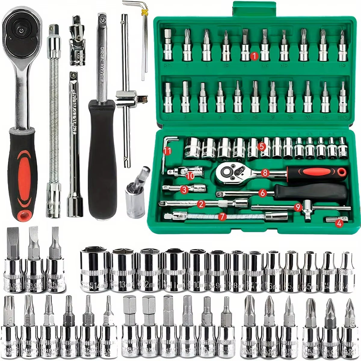 Advanced Car Repair Kit , Green Toolbox, 46Pcs Professional Ratchet Set Professional Tool Set, Car Maintenance Essentials